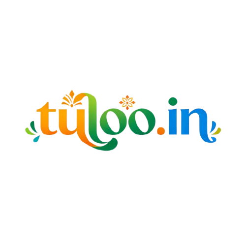 tuloo.in logo: colorful stylized lowercase text tuloo.in with floral accents and a gradient from orange through green to blue, placed for website header on a transparent background; text reads tuloo.in; tone is vibrant and cheerful, signaling a friendly service booking brand